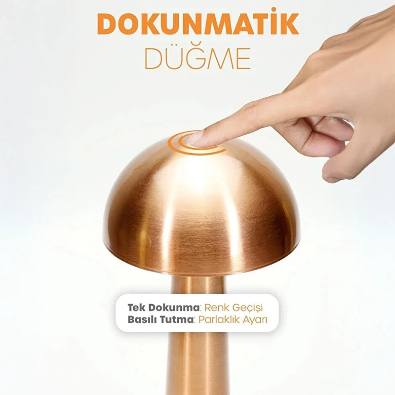 Mantar Masa Lambası Dokunmatik Işık Seviyesi Ayarlı Şarjlı Masa Lambası Bronz