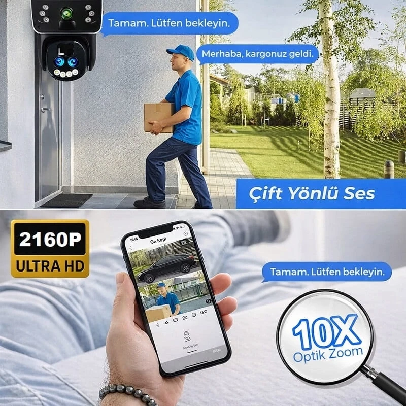 O-Kam Pro 3950W Solar Güneş Enerjili Wifi Özellikli Ultra HD 3 Kameralı 360 Dönebilen Kablosuz Kamera Sesli Görüşme Renkli Gece Görüşü