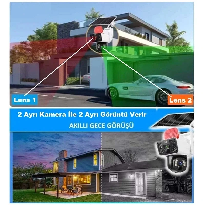 O-Kam Pro 3950W Solar Güneş Enerjili Wifi Özellikli Ultra HD 3 Kameralı 360 Dönebilen Kablosuz Kamera Sesli Görüşme Renkli Gece Görüşü