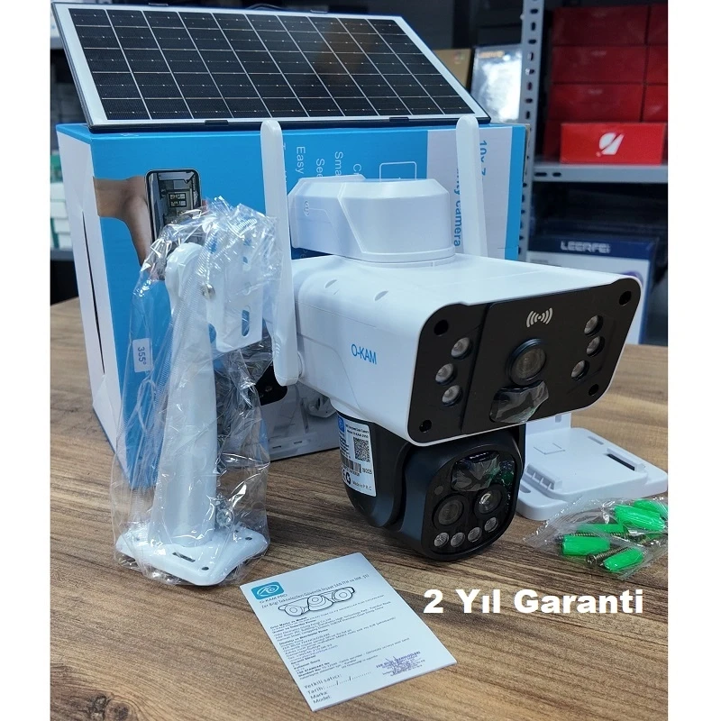 O-Kam Pro 3950W Solar Güneş Enerjili Wifi Özellikli Ultra HD 3 Kameralı 360 Dönebilen Kablosuz Kamera Sesli Görüşme Renkli Gece Görüşü