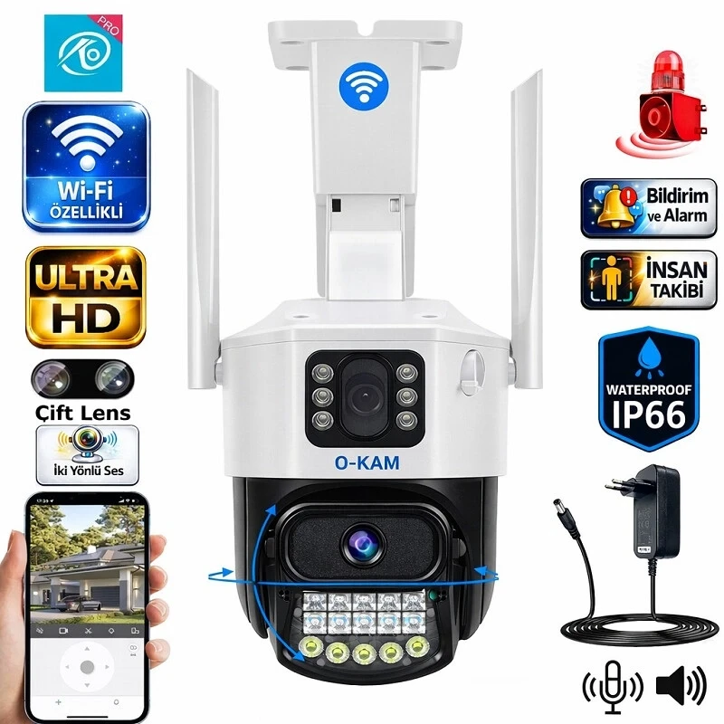 O-Kam 6015 Yeni Wifi Özellikli 360 Dönebilen Ultra HD Çift Lens Sirenli Güvenlik Kamerası Renkli Gece Görüşlü Su Geçirmez
