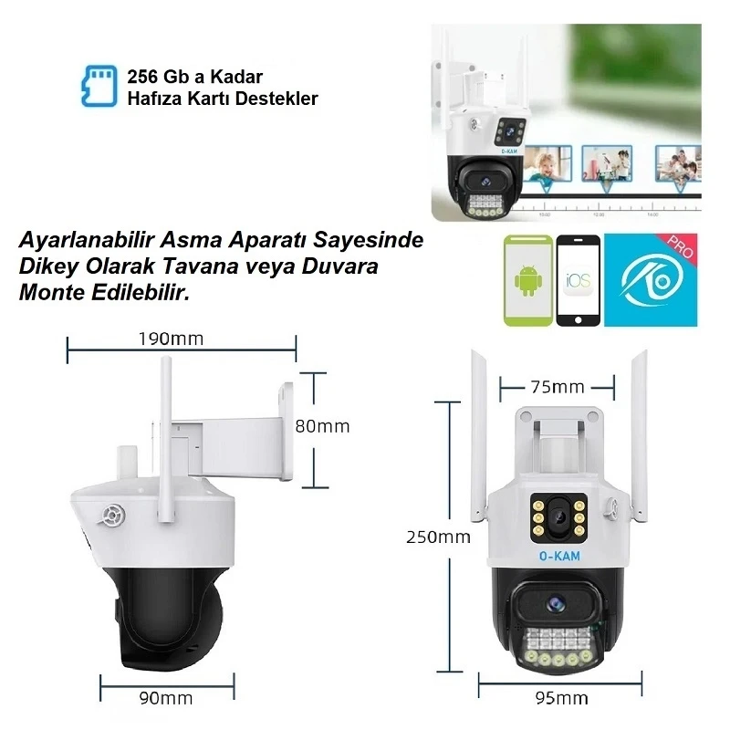 O-Kam 6015 Yeni Wifi Özellikli 360 Dönebilen Ultra HD Çift Lens Sirenli Güvenlik Kamerası Renkli Gece Görüşlü Su Geçirmez