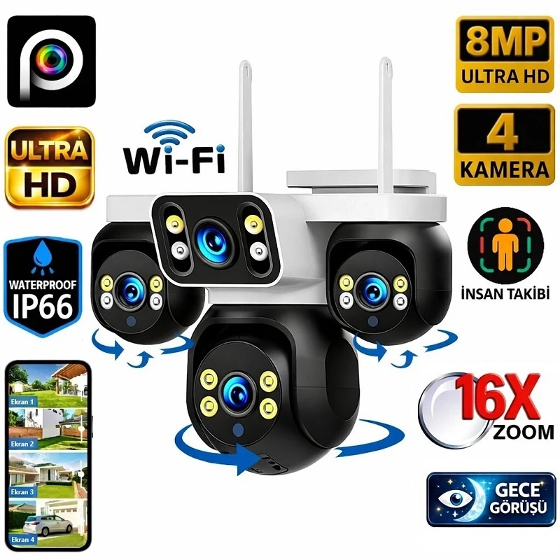 Esvision ES-5804 4 Kameralı 4 Görüntülü 4K Ultra HD 360 Dönebilen Kablosuz Wifi Kamera Renkli Gece Görüşlü Su Geçirmez Sesli Görüşme Hareket Takip