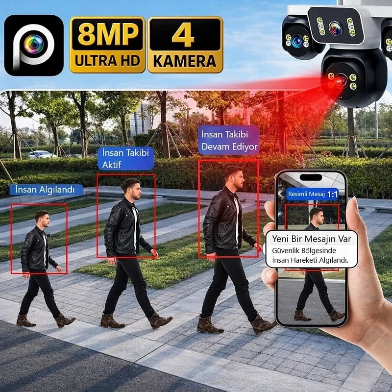 Esvision ES-5804 4 Kameralı 4 Görüntülü 4K Ultra HD 360 Dönebilen Kablosuz Wifi Kamera Renkli Gece Görüşlü Su Geçirmez Sesli Görüşme Hareket Takip