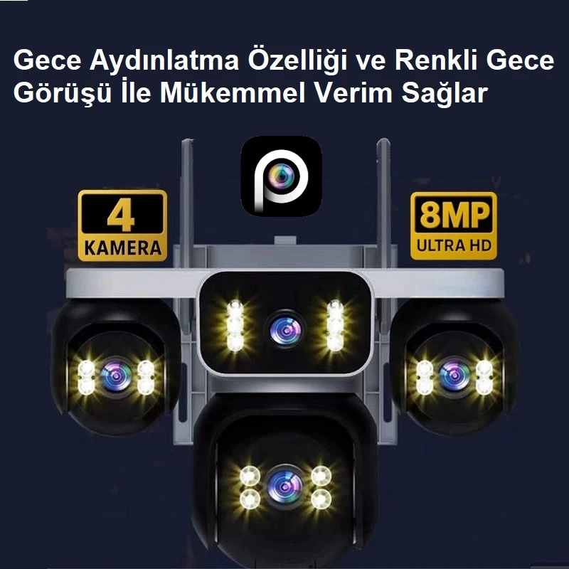 Esvision ES-5804 4 Kameralı 4 Görüntülü 4K Ultra HD 360 Dönebilen Kablosuz Wifi Kamera Renkli Gece Görüşlü Su Geçirmez Sesli Görüşme Hareket Takip