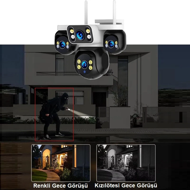 Esvision ES-5804 4 Kameralı 4 Görüntülü 4K Ultra HD 360 Dönebilen Kablosuz Wifi Kamera Renkli Gece Görüşlü Su Geçirmez Sesli Görüşme Hareket Takip