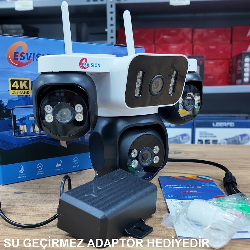 Esvision ES-5804 4 Kameralı 4 Görüntülü 4K Ultra HD 360 Dönebilen Kablosuz Wifi Kamera Renkli Gece Görüşlü Su Geçirmez Sesli Görüşme Hareket Takip