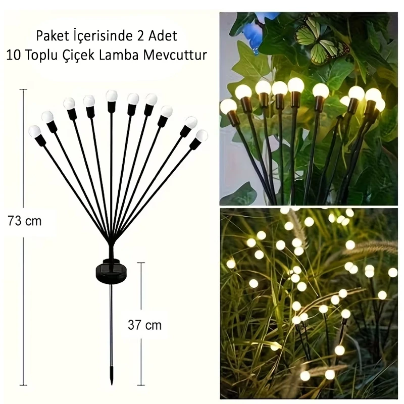2 Adet Solar 10 Ledli Güneş Enerjili Ateş Böceği Bahçe Lambası Çiçek Lamba