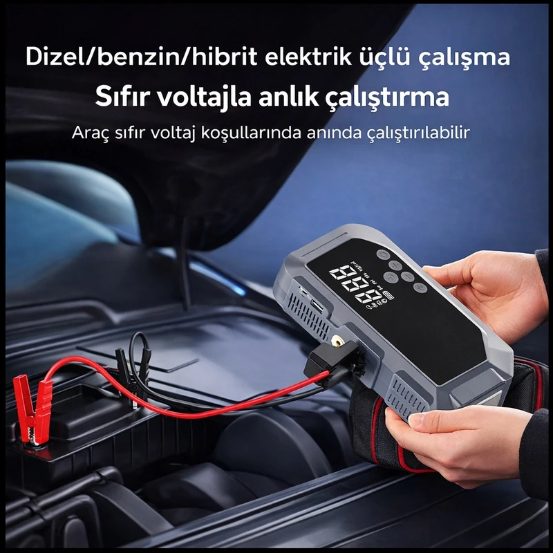 16.000 Mah Hava Kompresörlü Akü Takviye Cihazı Hızlı Şişirme El Feneri Akım Korumalı Taşınabilir Powerbank