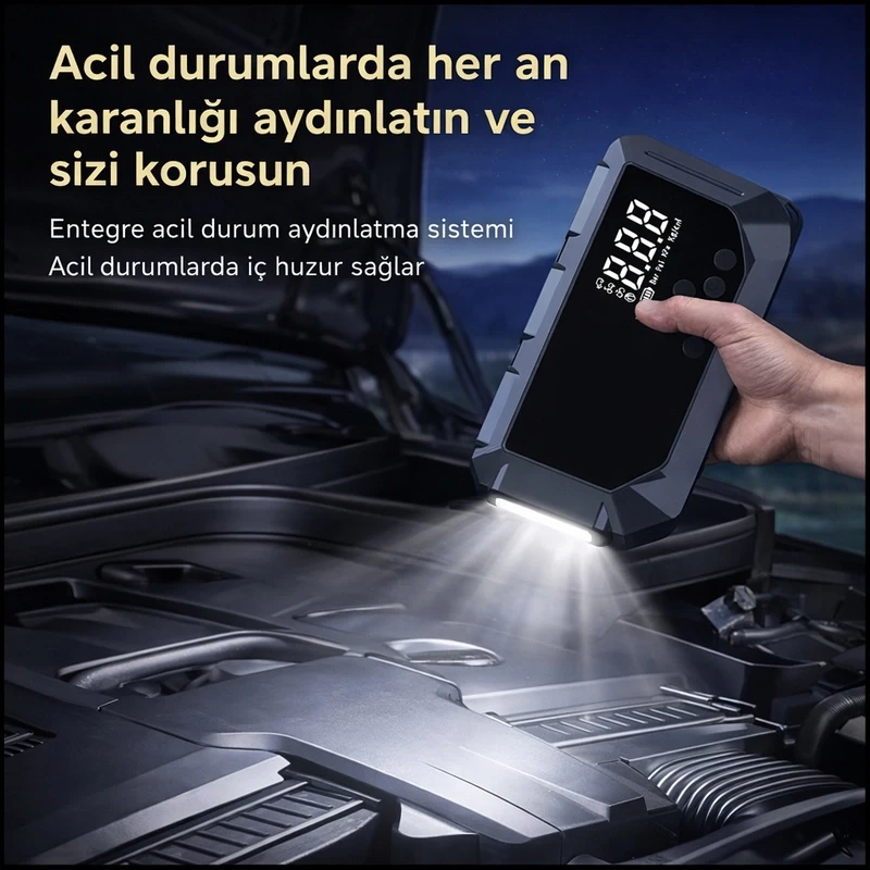 16.000 Mah Hava Kompresörlü Akü Takviye Cihazı Hızlı Şişirme El Feneri Akım Korumalı Taşınabilir Powerbank