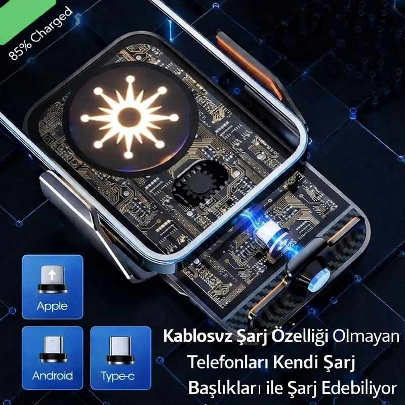 C11 Kablosuz 15w Hızlı Şarj Aleti ve Araç Telefon Tutucu 360 Derece Ayarlanabilir Otomatik Tutuş Özelliği