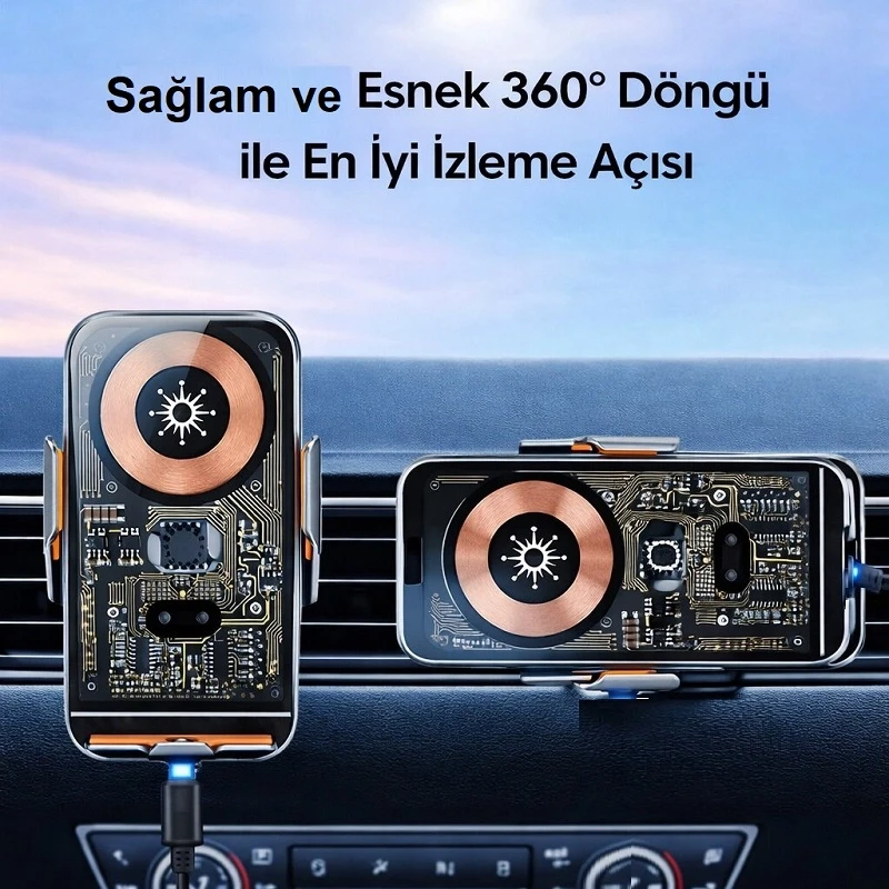 C11 Kablosuz 15w Hızlı Şarj Aleti ve Araç Telefon Tutucu 360 Derece Ayarlanabilir Otomatik Tutuş Özelliği