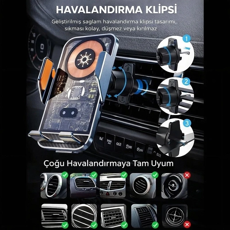C11 Kablosuz 15w Hızlı Şarj Aleti ve Araç Telefon Tutucu 360 Derece Ayarlanabilir Otomatik Tutuş Özelliği