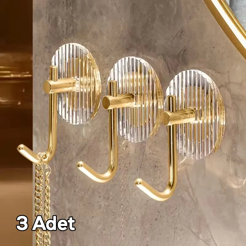 3 Adet Kristal Gold Güçlü Yapışkanlı Duvar Askısı Vida Gerektirmez Yüksek Ağırlığa Dayanıklı