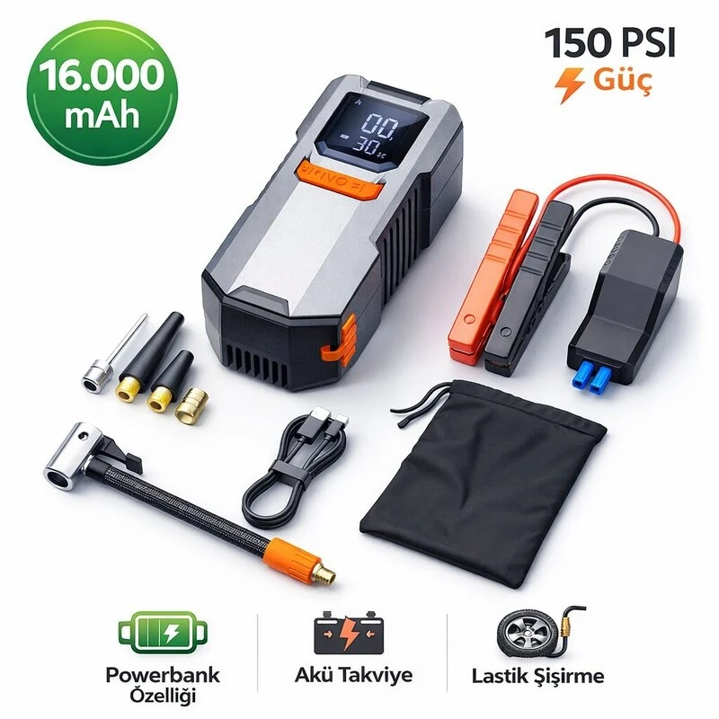 Akım Korumalı 16.000 Mah Hava Kompresörlü Akü Takviye Cihazı Hızlı Şişirme El Feneri Taşınabilir Powerbank