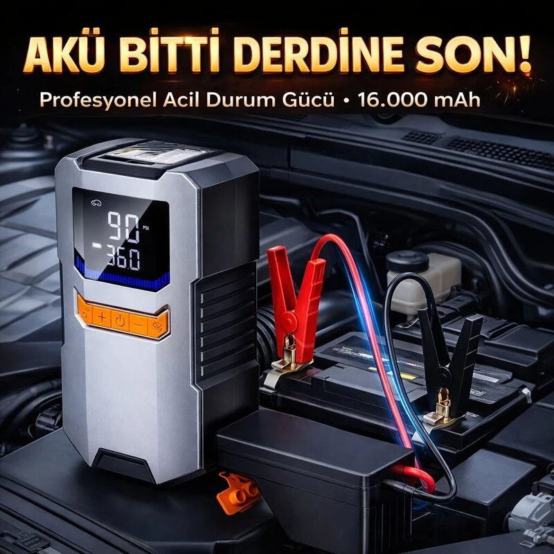 Akım Korumalı 16.000 Mah Hava Kompresörlü Akü Takviye Cihazı Hızlı Şişirme El Feneri Taşınabilir Powerbank