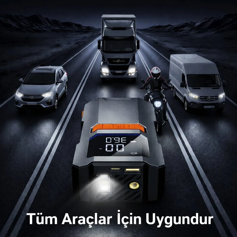 Akım Korumalı 16.000 Mah Hava Kompresörlü Akü Takviye Cihazı Hızlı Şişirme El Feneri Taşınabilir Powerbank