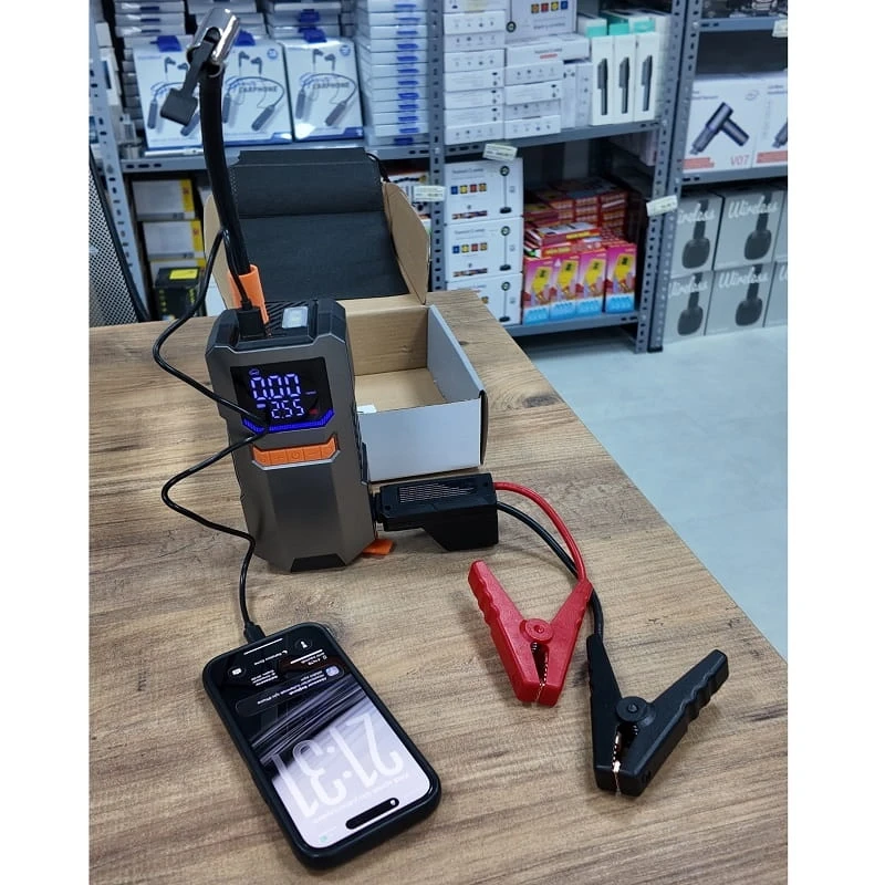 Akım Korumalı 16.000 Mah Hava Kompresörlü Akü Takviye Cihazı Hızlı Şişirme El Feneri Taşınabilir Powerbank