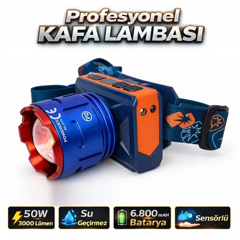 50W 3000 Lümen 6800mAH Batarya Zoomlu ve Sensörlü Dijital Ekran Kafa Lambası