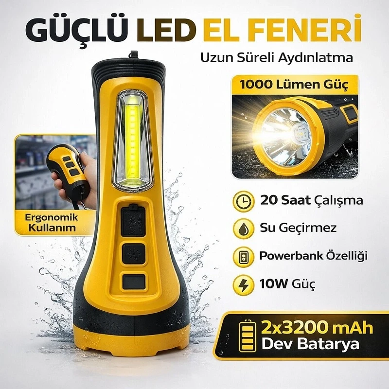 Profesyonel 10W 1000 Lümen Dijital Ekran Şarjlı El feneri Su Geçirmez Çift Işıklı Kambur Fener