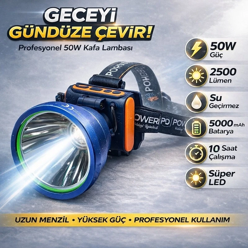 50W 2500 Lümen Nokta Led Aydınlatma Profesyonel Kafa Feneri 10 Saat Çalışma Süresi