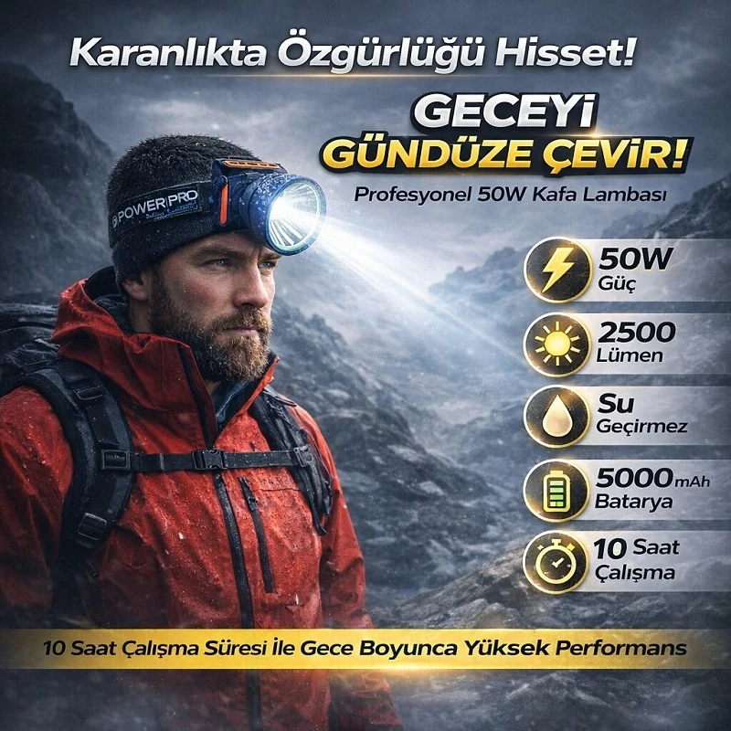 50W 2500 Lümen Nokta Led Aydınlatma Profesyonel Kafa Feneri 10 Saat Çalışma Süresi