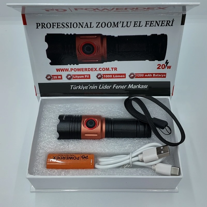 20W Yüksek Zoom Özellikli 1000 Lümen Şarjlı Profesyonel Zoomlu El Feneri