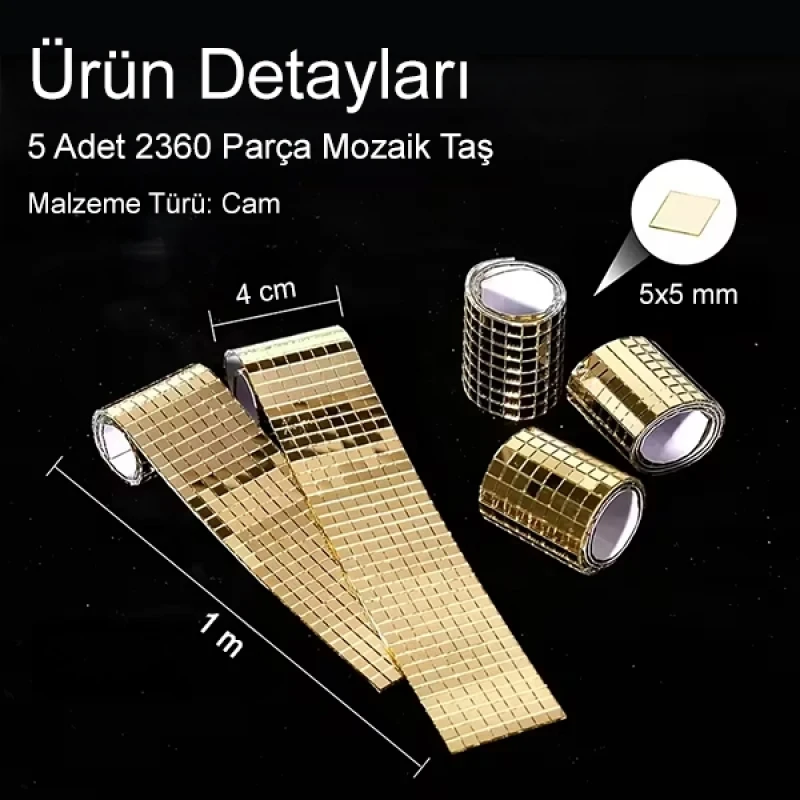 Kendinden Yapışkanlı Aynalı Mozaik Taşlı Dekor Bandı Disko Taşları 1 Metre Gold Renk