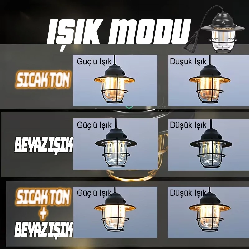 Taşınabilir Asılabilir Şarjlı Kamp Lambası 8 Saat Aydınlatma Süreli Kamp Feneri