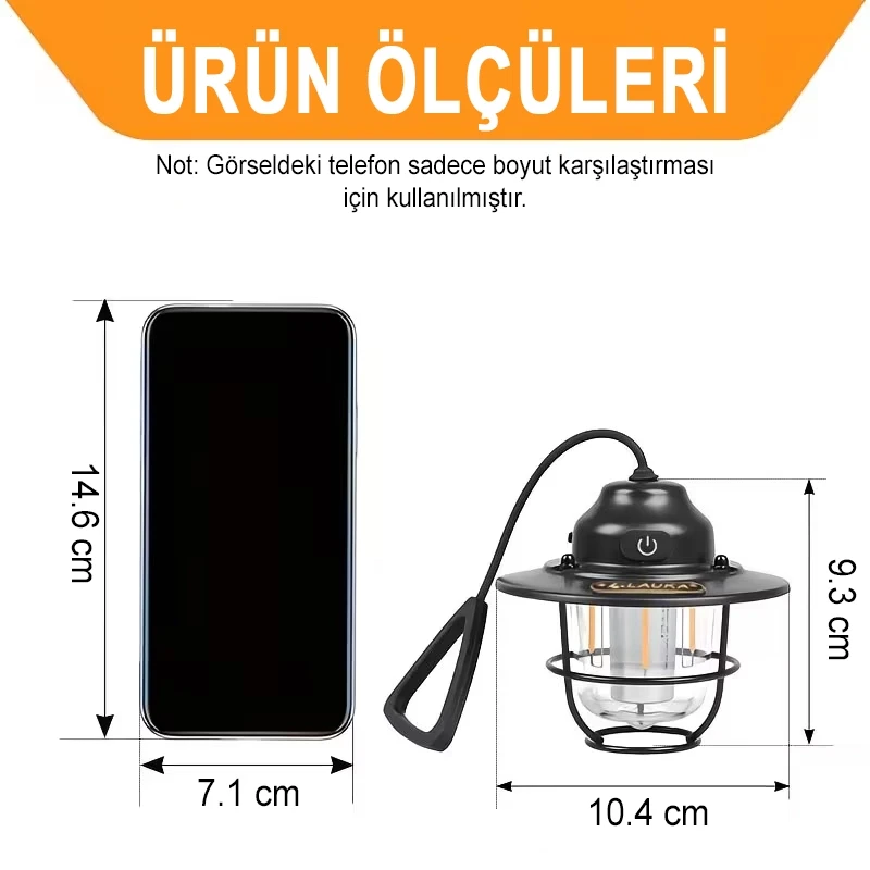 Taşınabilir Asılabilir Şarjlı Kamp Lambası 8 Saat Aydınlatma Süreli Kamp Feneri