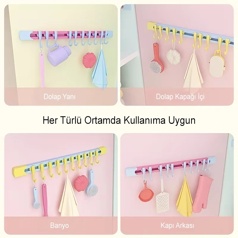 Raylı Hareketli 10 Kancalı Askı Kendinden Yapışkanlı Mutfak Banyo Askısı