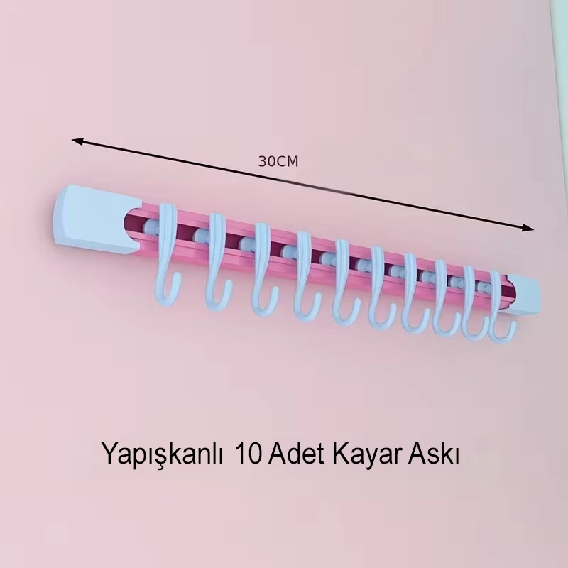 Raylı Hareketli 10 Kancalı Askı Kendinden Yapışkanlı Mutfak Banyo Askısı