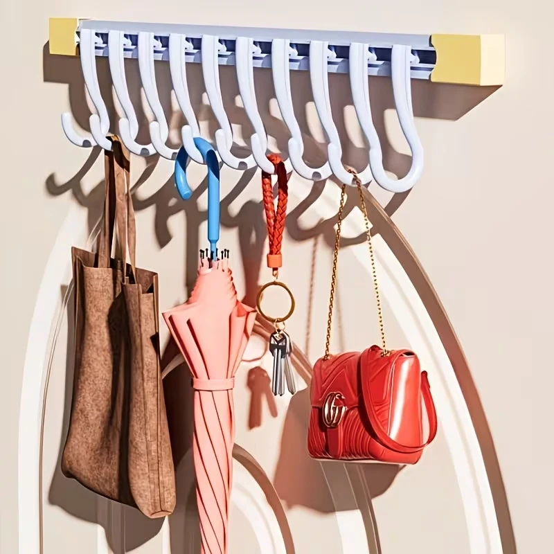 Raylı Hareketli 10 Kancalı Askı Kendinden Yapışkanlı Mutfak Banyo Askısı