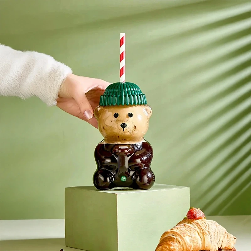 Goggy Bear Ayıcıklı Cam İçecek Bardağı Pipetli Ayıcık Bardak