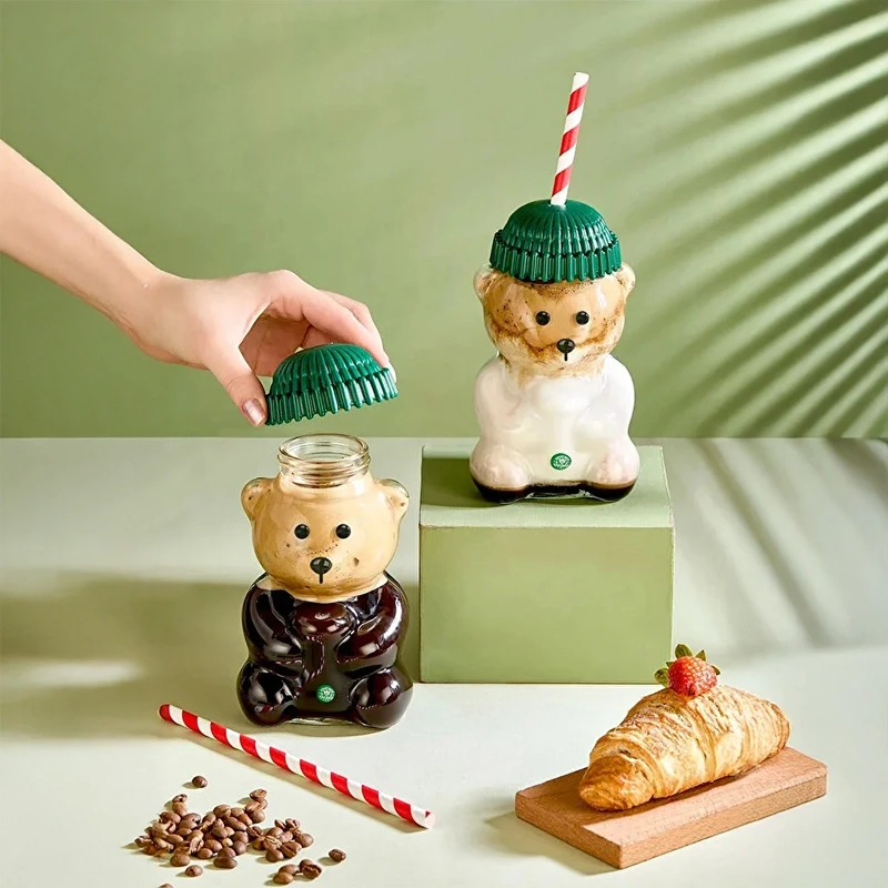 Goggy Bear Ayıcıklı Cam İçecek Bardağı Pipetli Ayıcık Bardak