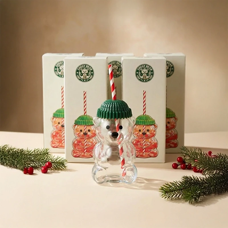 Goggy Bear Ayıcıklı Cam İçecek Bardağı Pipetli Ayıcık Bardak