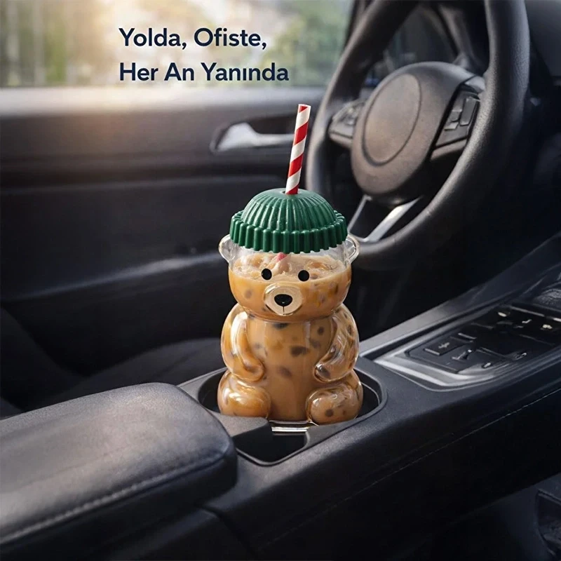 Goggy Bear Ayıcıklı Cam İçecek Bardağı Pipetli Ayıcık Bardak