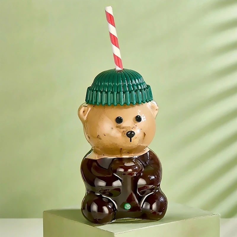 Goggy Bear Ayıcıklı Cam İçecek Bardağı Pipetli Ayıcık Bardak