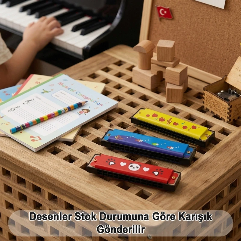 Desenli Mızıka 16 Delikli Çift Sıralı Renkli