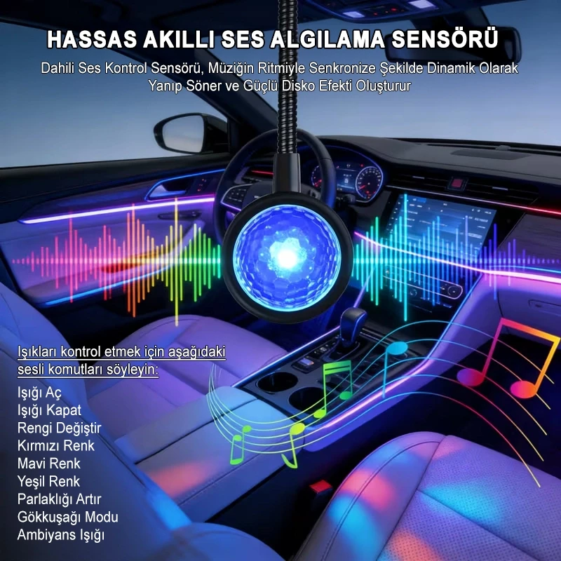 USB Sese Duyarlı 8 Farklı Mod Işıklı LED Atmosfer Işığı Ambiyans Aydınlatması Araba Ev Ofis Disko Topu