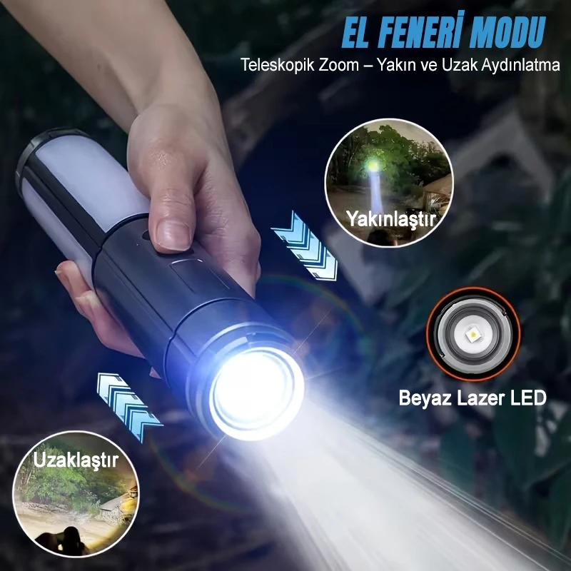3 In 1 Teleskopik Ayaklı Tripod Kamp Lambası Zoomlu El Feneri Özellikli Şarjlı LED Lamba