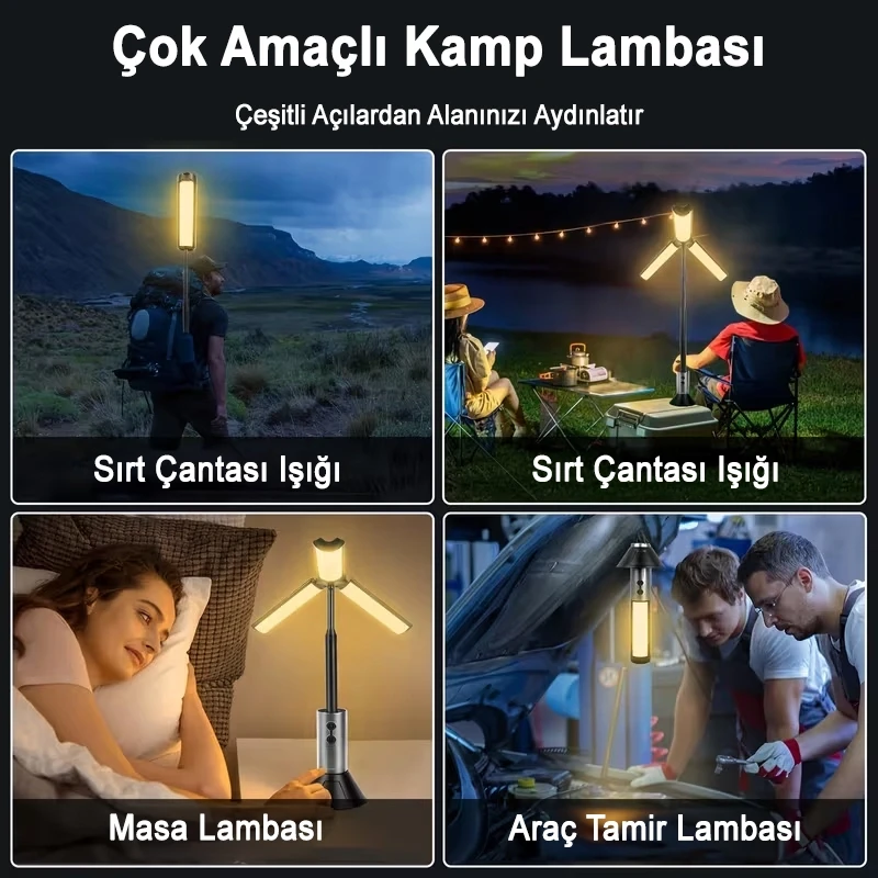 3 In 1 Teleskopik Ayaklı Tripod Kamp Lambası Zoomlu El Feneri Özellikli Şarjlı LED Lamba