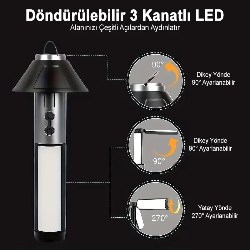 3 In 1 Teleskopik Ayaklı Tripod Kamp Lambası Zoomlu El Feneri Özellikli Şarjlı LED Lamba