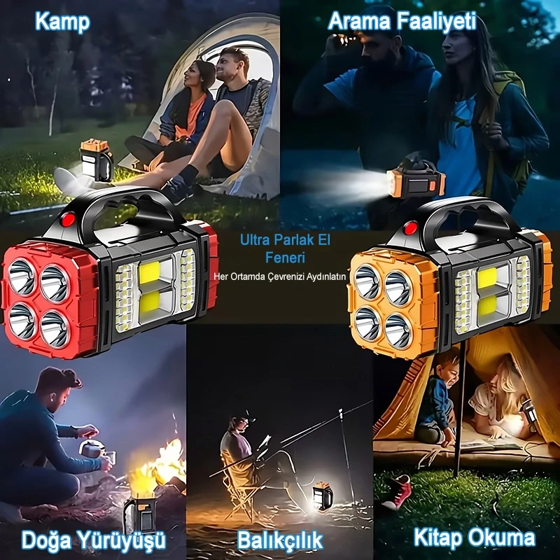 Çok Fonksiyonlu Solar Kamp Lambası Powerbank Özellikli 4 Modlu El Feneri