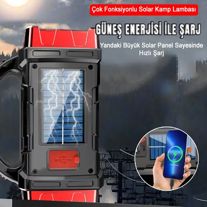 Çok Fonksiyonlu Solar Kamp Lambası Powerbank Özellikli 4 Modlu El Feneri