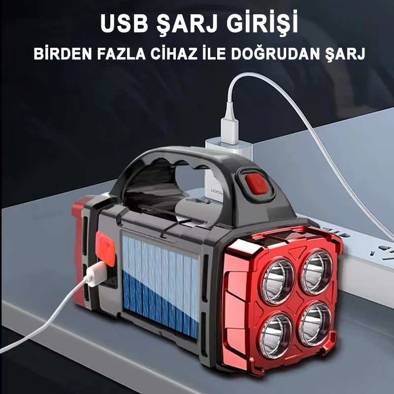 Çok Fonksiyonlu Solar Kamp Lambası Powerbank Özellikli 4 Modlu El Feneri