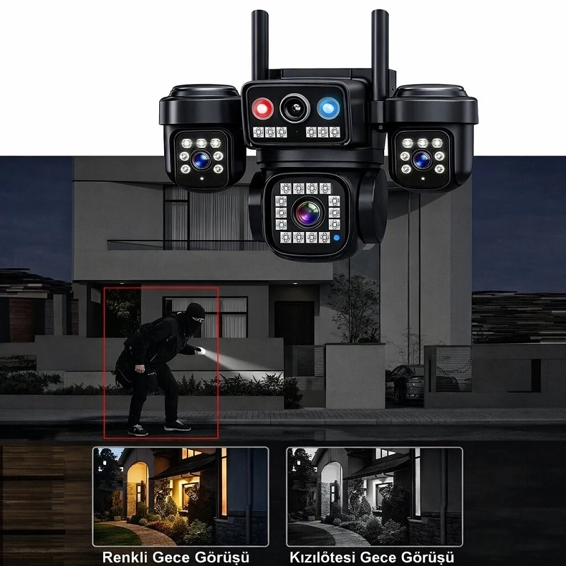 O-Kam Pro 4 Kameralı 4 Görüntülü Ultra HD 360 Dönebilen Kablosuz Wifi Kamera Gece Görüşlü Su Geçirmez Sesli Görüşme Hareket Takip Ok-202PlusW