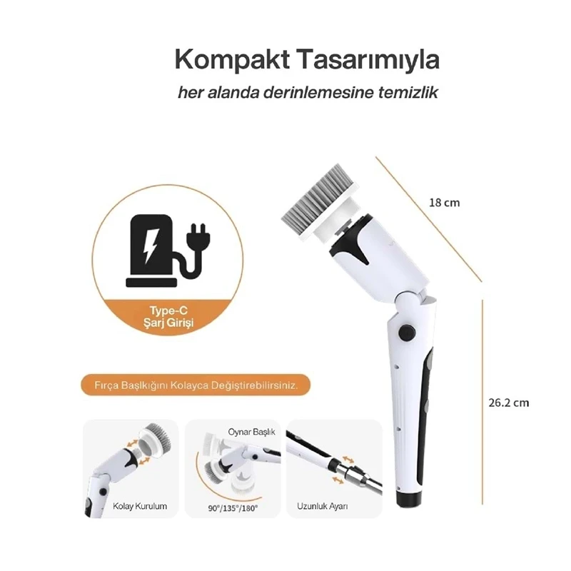 MPIA Premium 13 Parça Ayarlanabilir Başlıklı Şarjlı Temizlik Fırçası Mutfak Banyo Araba Temizleme Fırçası