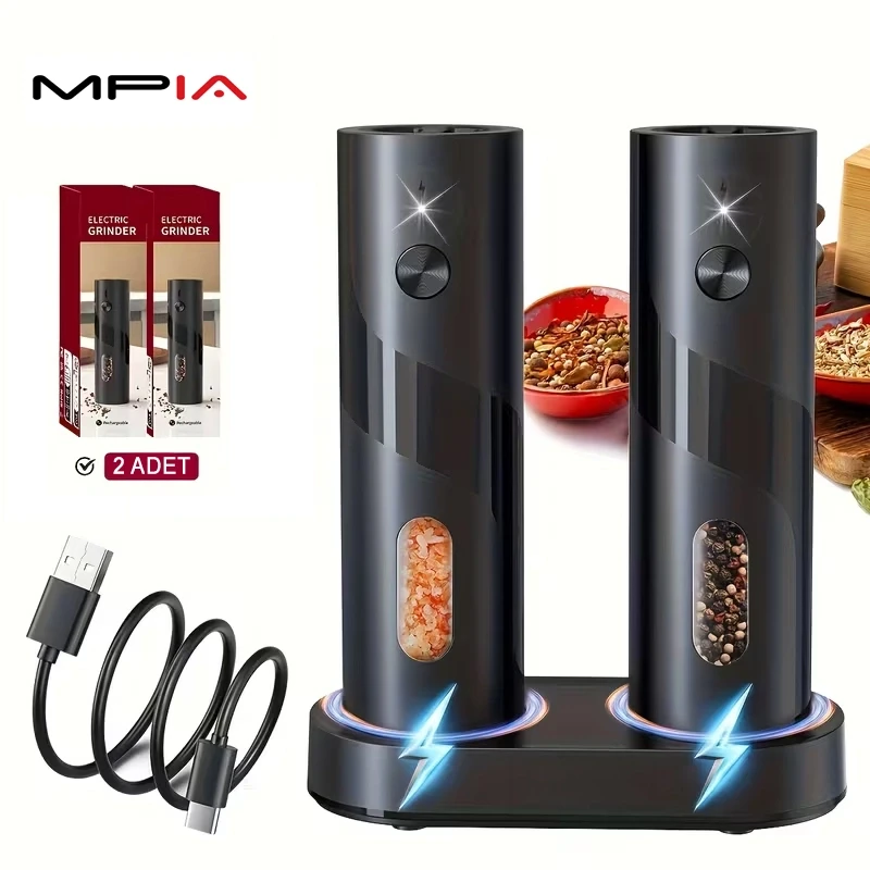 MPIA Premium Temassız Şarjlı Tuz Karabiber Baharat Değirmeni 2 Li Set 110 ml LED Işıklı Paslanmaz Çelik Bıçak Öğütücü