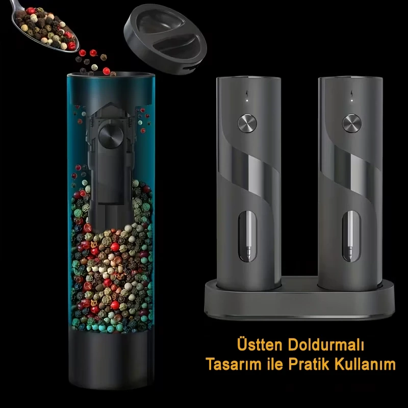 MPIA Premium Temassız Şarjlı Tuz Karabiber Baharat Değirmeni 2 Li Set 110 ml LED Işıklı Paslanmaz Çelik Bıçak Öğütücü